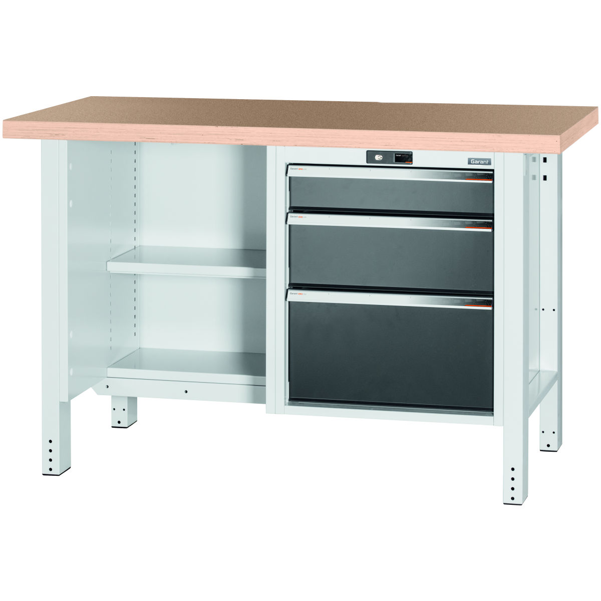 Werkbank, links offen, rechts 3 Schubladen, Buche-Multiplex-Platte, 20×20G, Plattenlänge: 1500mm