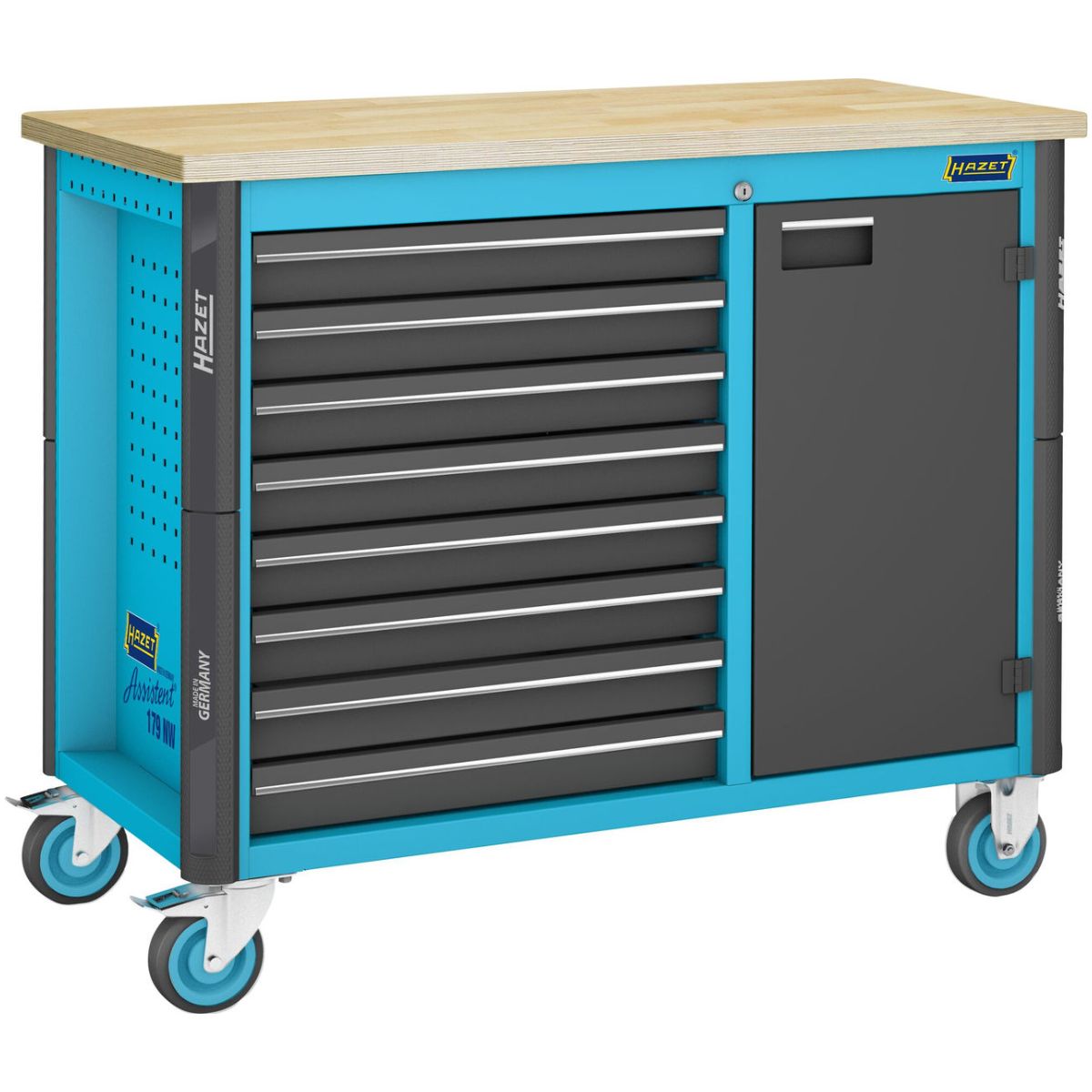 Werkbank ∙ fahrbar ∙ Assistent 179NW ∙ einzeln ∙ L x B x H: 1150 mm x 600 mm x 964 mm ∙ Schubladen, flach: 8 x 81 x 522 x 398 mm