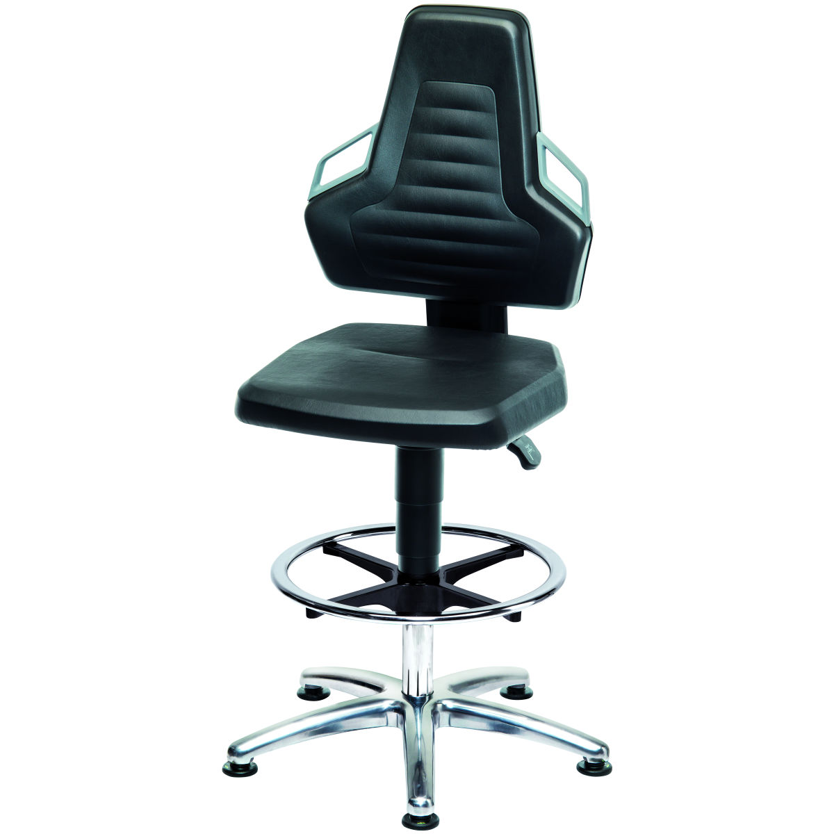 ESD-Arbeitsdrehstuhl, Kunstleder, mit Gleiter und Fußring, hoch, Farbe: BLACK