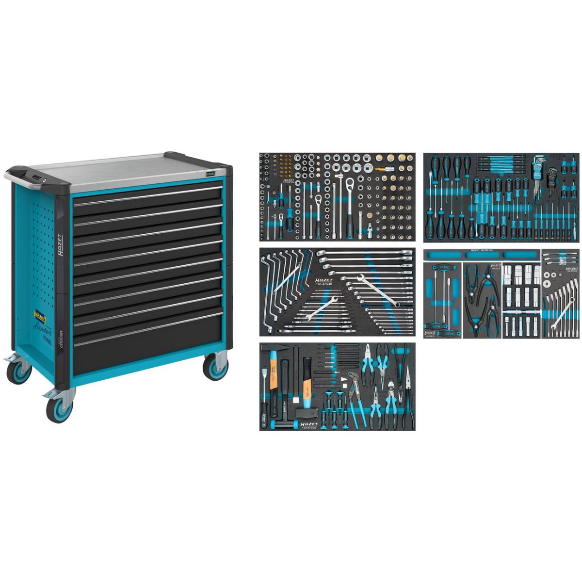 Werkstattwagen ∙ Assistent 179NXL ∙ Sortiment ∙ 321-teilig ∙ Schubladen, flach: 7× 81 x 696 x 398 mm ∙ Schubladen, hoch: 1× 166 x 696 x 398 mm