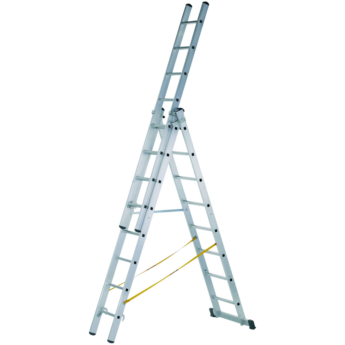 ZARGES Sprossen-Mehrzweckleiter 3-teilig mit 1 Traverse, als Anlegeleiter, Stehleiter mit Aufsteckteil, mögliche Sprossenzahl 3×8 – 3×12