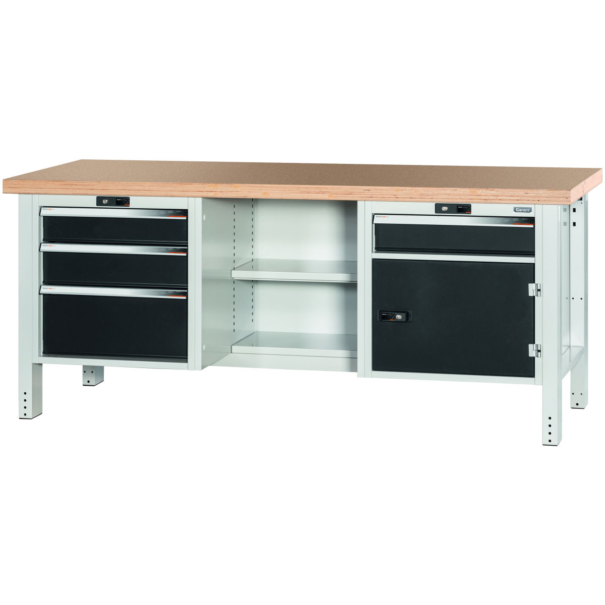 Werkbank, links 3 Schubladen, Mitte offen, rechts Tür und 1 Schublade, Buche-Multiplex-Platte, 20×20G, Plattenlänge: 2000mm