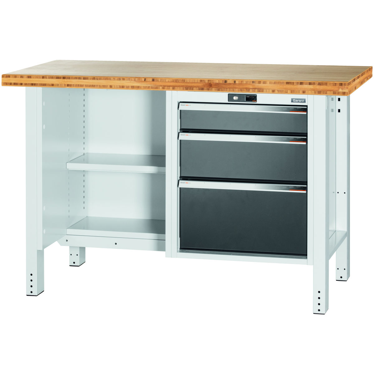 Werkbank, links offen, rechts 3 Schubladen, Bambus-Platte, 20×20G, Plattenlänge: 1500mm