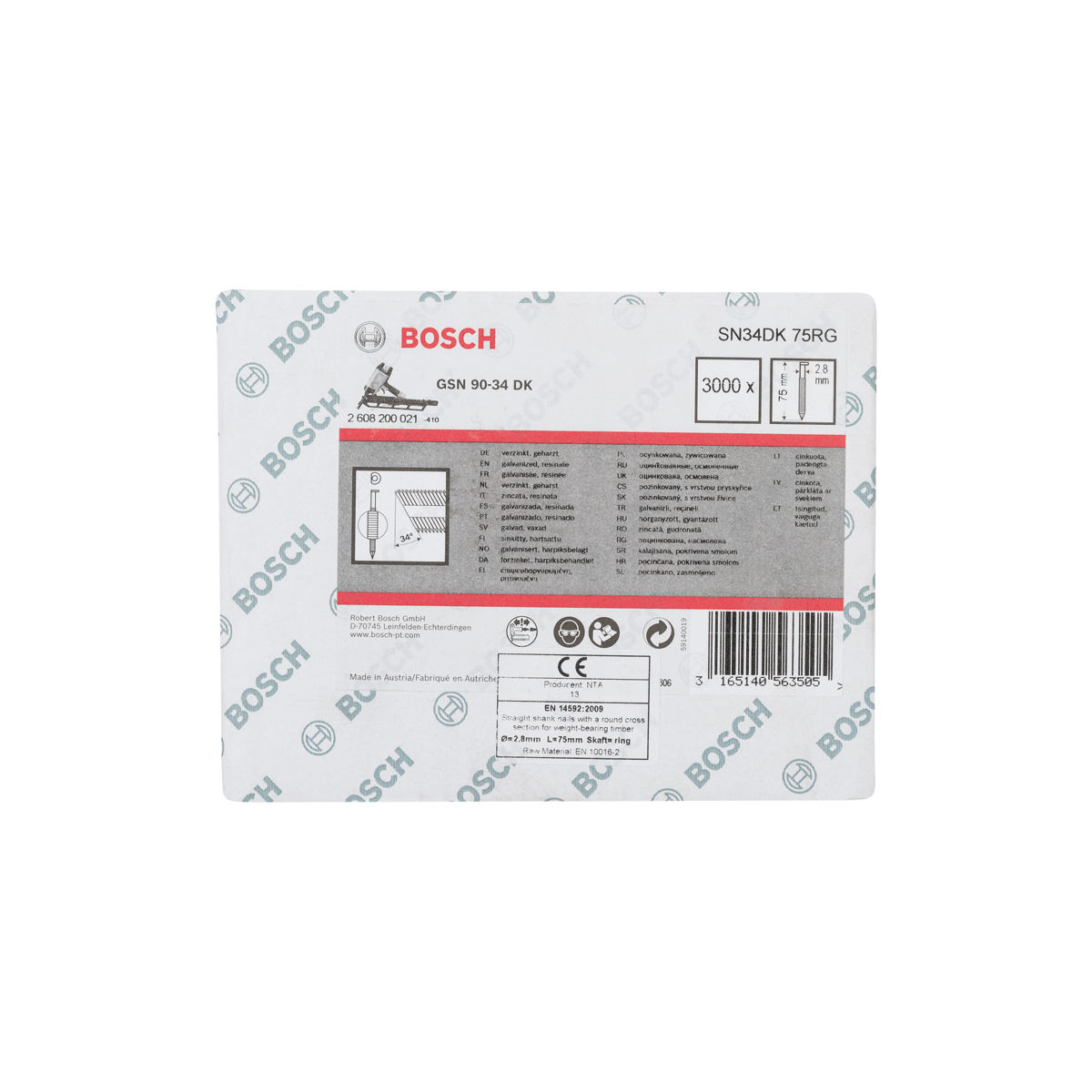 D-Kopf Streifennagel SN34DK 75RG, 2,8 mm, 75 mm, verzinkt, gerillt, 3000er-Pack