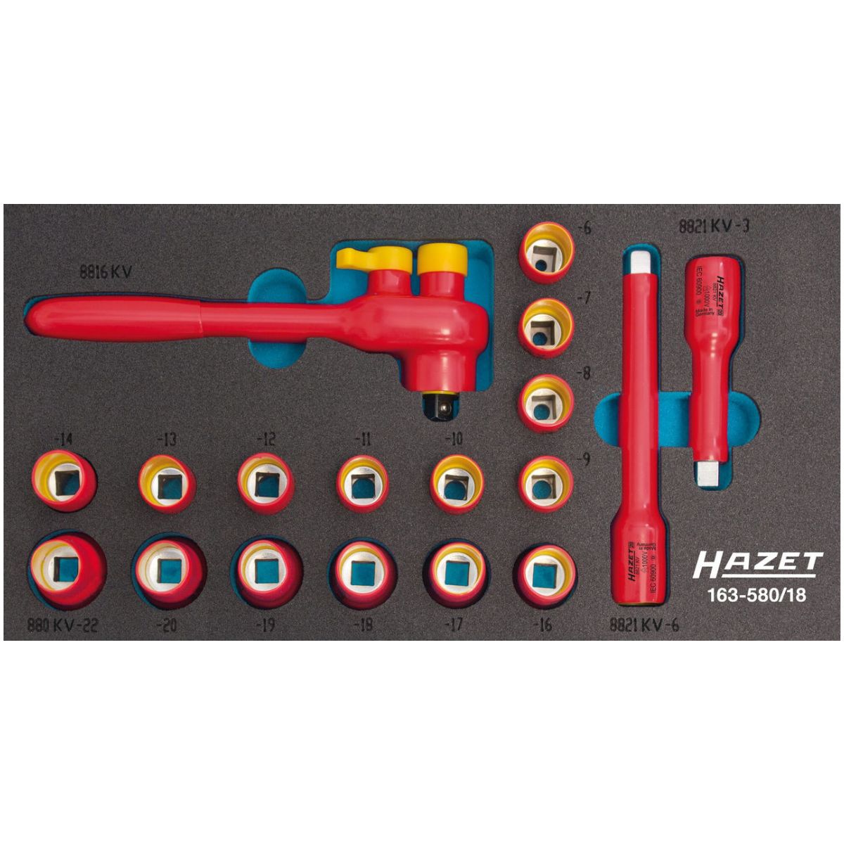 Steckschlüssel Satz ∙ schutzisoliert ∙ 3/8 Zoll (10 mm) Vierkant hohl ∙ Außen Doppelsechskant-Tractionsprofil ∙ 18-teilig ∙ 8 – 22