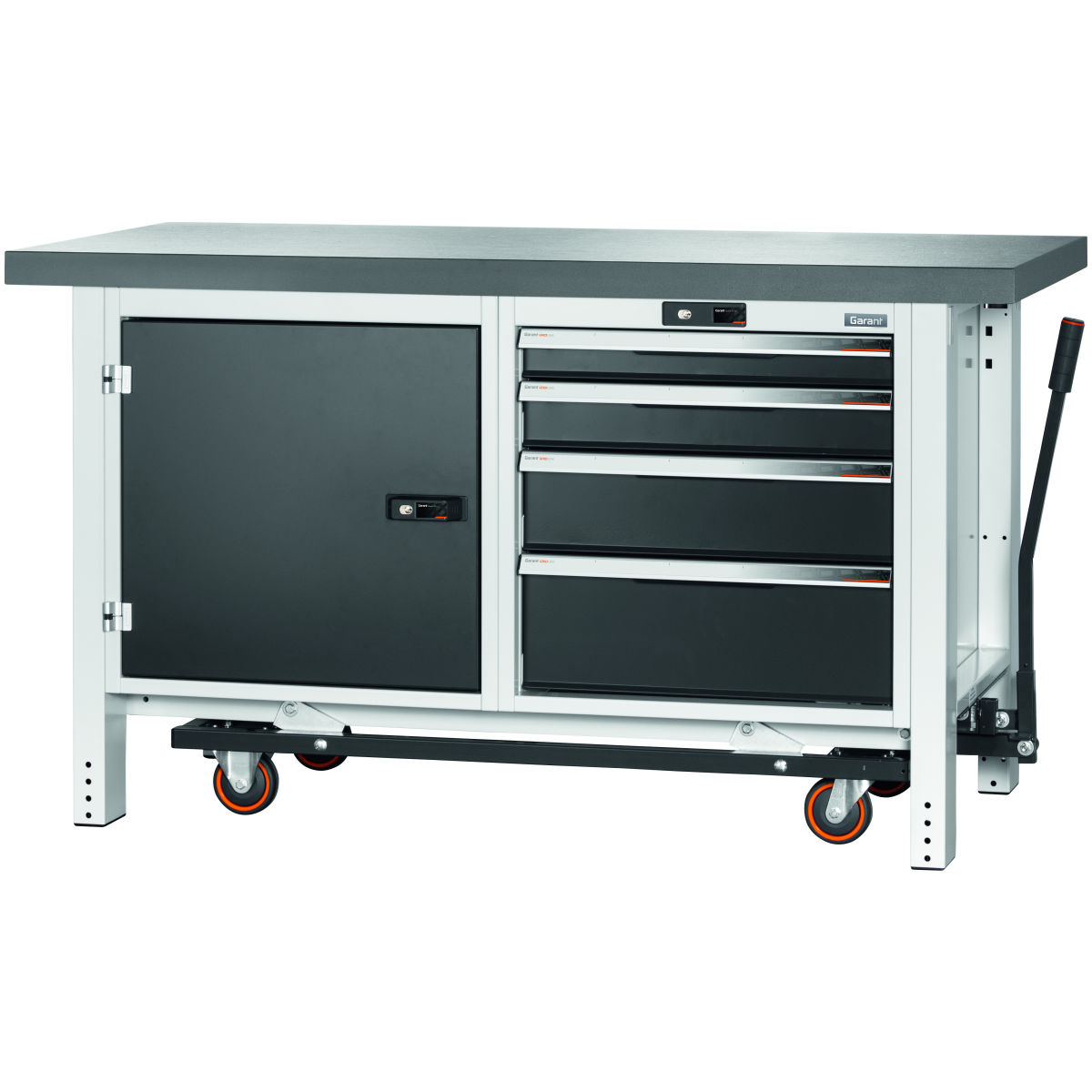 Werkbank mit Fahreinrichtung, Höhe 850 mm mit Eluplan-Platte dunkel, 20×20G, Plattenlänge: 1500mm