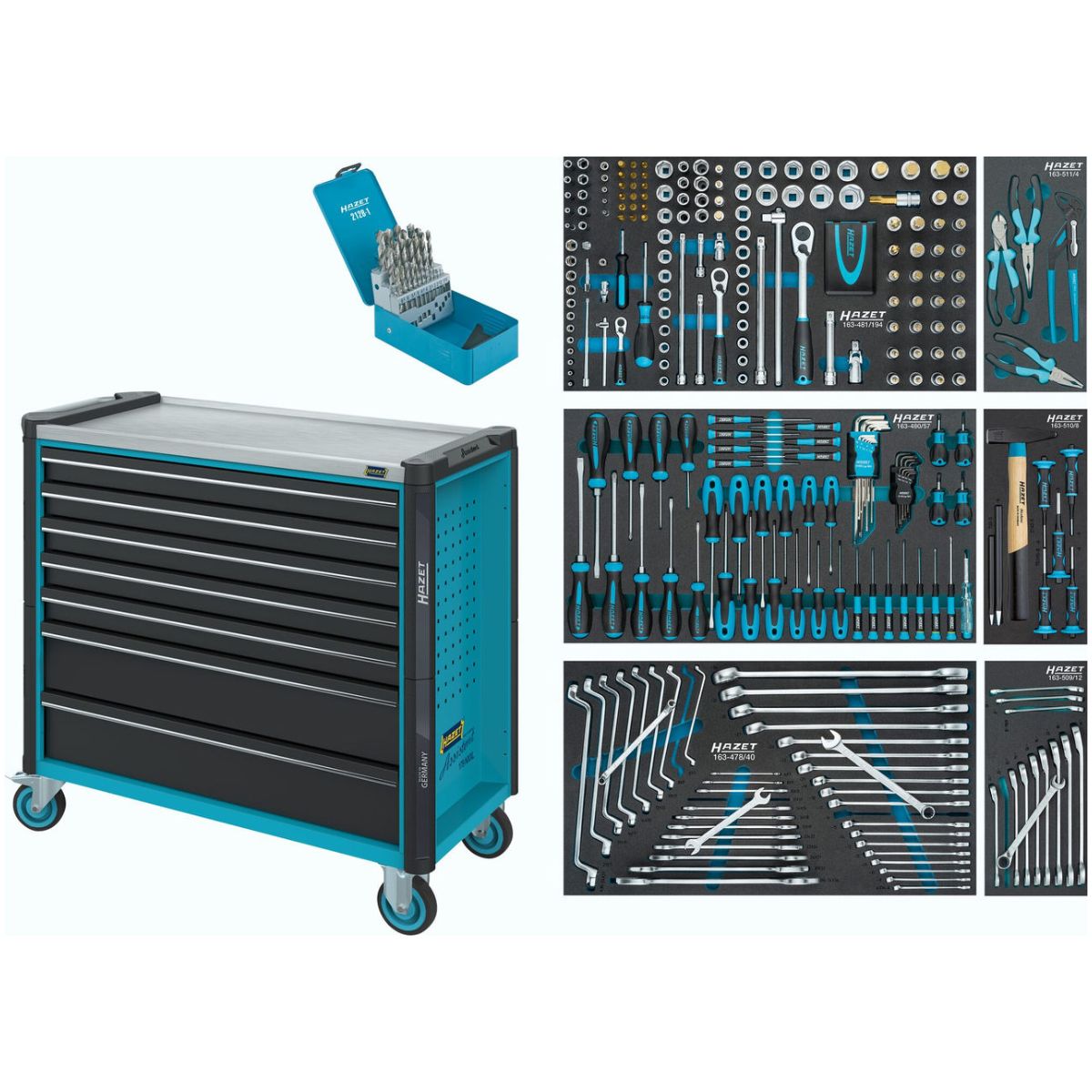 Werkstattwagen ∙ Assistent 179NXXL ∙ Sortiment ∙ 340-teilig ∙ Schubladen, flach: 5× 81 x 870 x 398 mm ∙ Schubladen, hoch: 2× 166 x 870 x 398 mm
