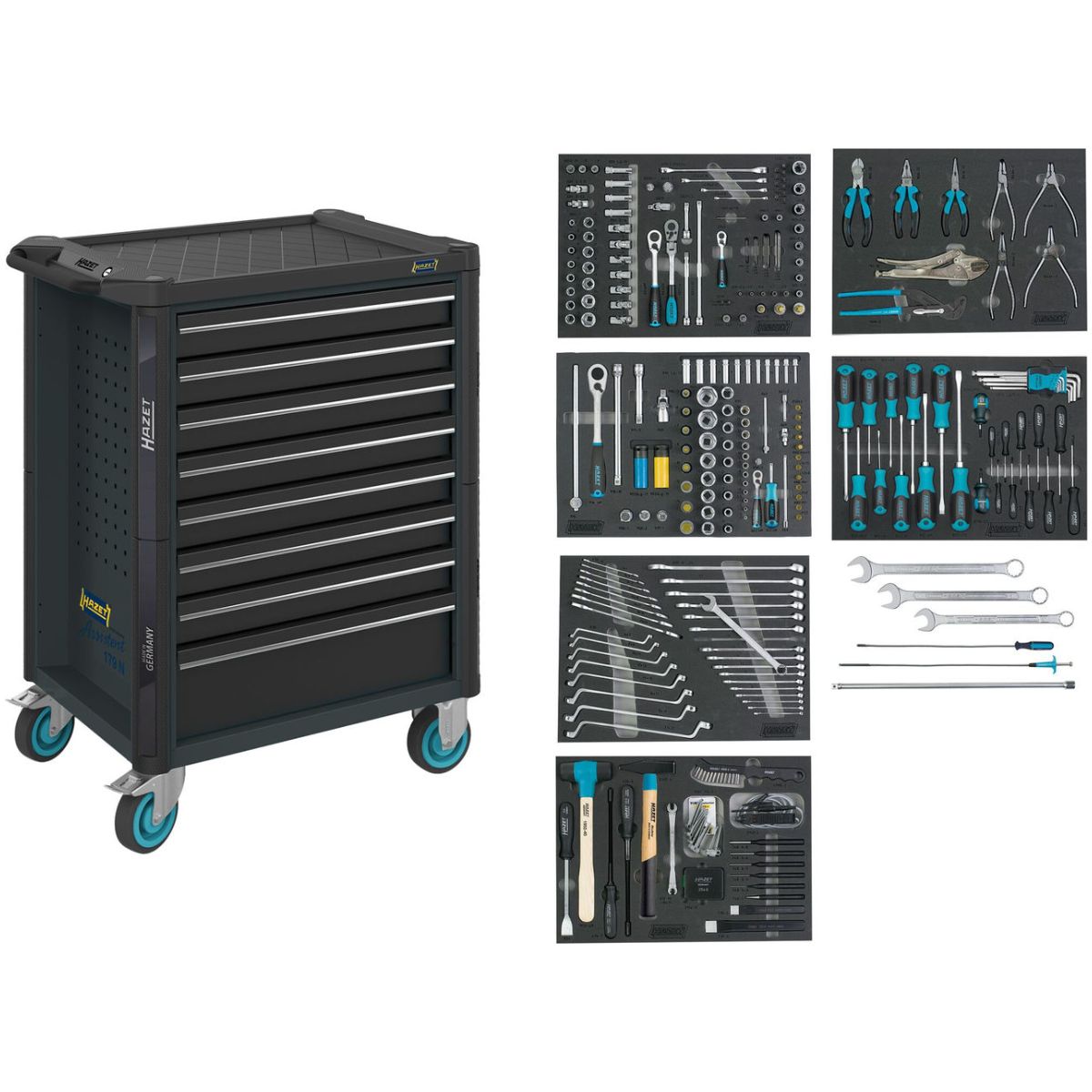 Werkstattwagen ∙ Assistent 179NT ∙ Sortiment ∙ 264-teilig ∙ Schubladen, flach: 7× 81 x 522 x 398 mm ∙ Schubladen, hoch: 1× 166 x 522 x 398 mm