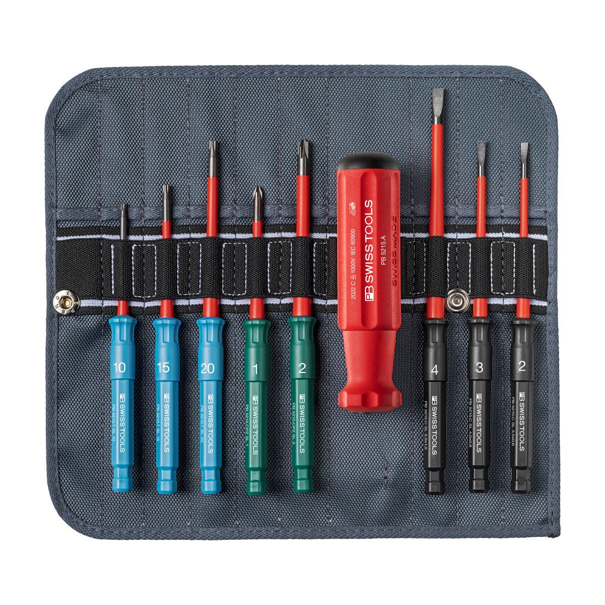 VDE Set mit Slim Wechselklingen, in kompakter Stoff-Rolltasche, für Schlitz-, Kombi- und Torx®-Schrauben, VDE geprüft, zum Arbeiten bis 1000 Volt AC oder 1500 DC, mit zur Spitze reduziertem Durchmesser, für tieﬂiegende Schrauben und Federzugelemente