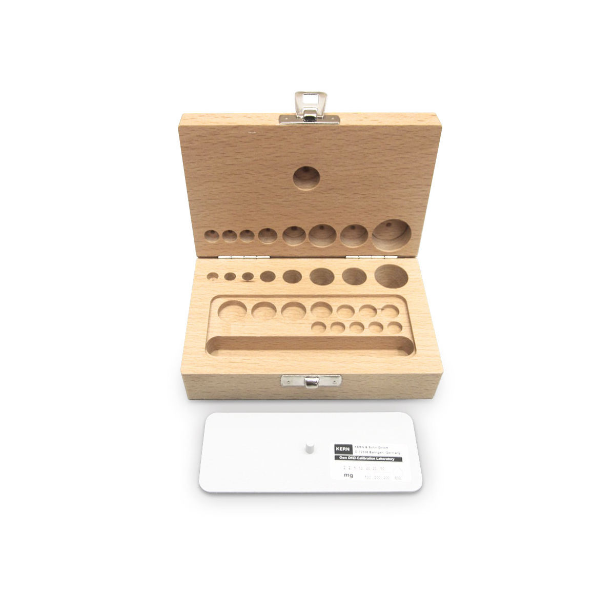 Holz-Gewichtsetui 353-430-200, für Nennwerte 1 mg - 100 g, für Klassen F2 + M1 + M2, für Bauform Knopf/Kompakt