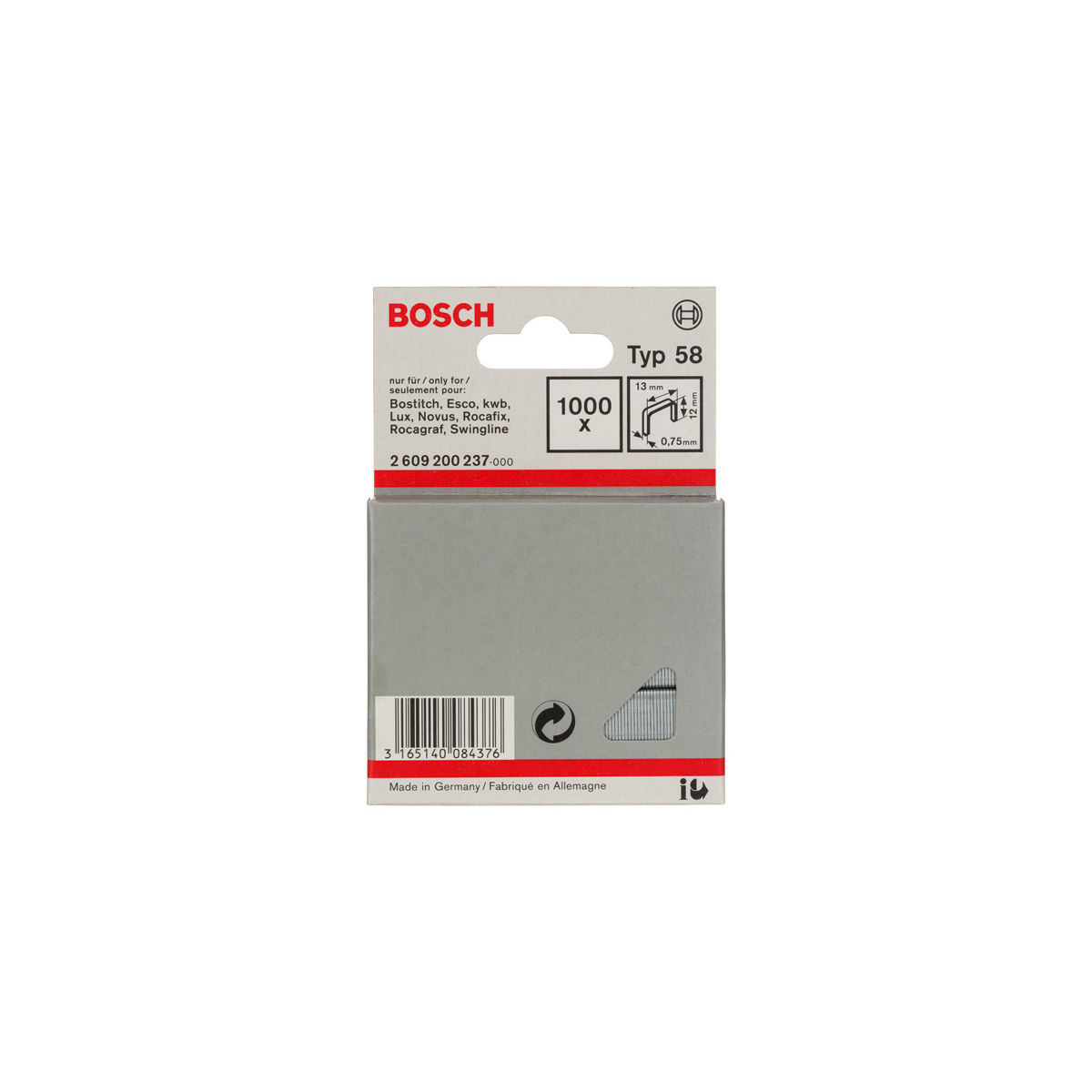 Feindrahtklammer Typ 58, 13 x 0,75 x 12 mm, 1000er-Pack
