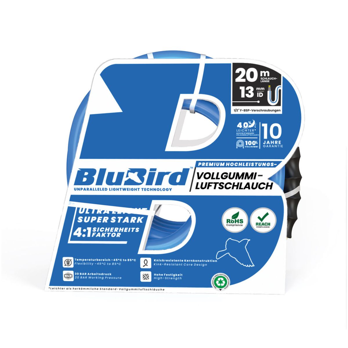 Vollgummi-Werkstattschlauch »BluBird«, Ø20x13, 20 bar, Set 20 m