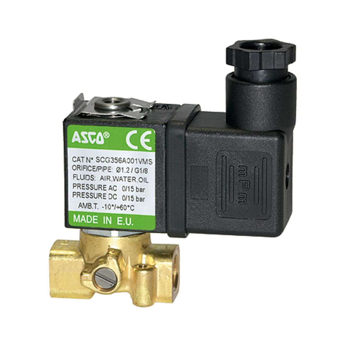 3/2-Wege-Magnetventil, Messing, NC, direktgesteuert, 230/50 V AC, 50 Hz, G 1/8, PN 0-15 bar