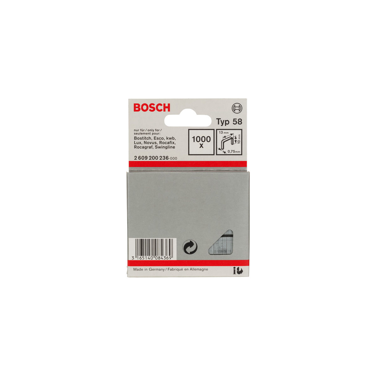 Feindrahtklammer Typ 58, 13 x 0,75 x 10 mm, 1000er-Pack