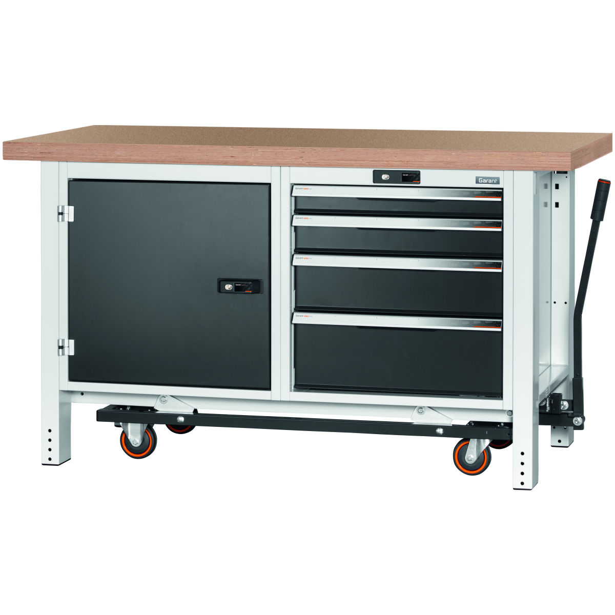 Werkbank mit Fahreinrichtung, Höhe 850 mm mit Buche-Multiplex-Platte, 20×20G, Plattenlänge: 1500mm