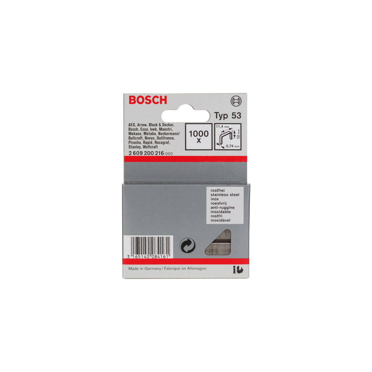 Feindrahtklammer Typ 53, 11,4 x 0,74 x 10 mm, 1000er-Pack, rostfrei