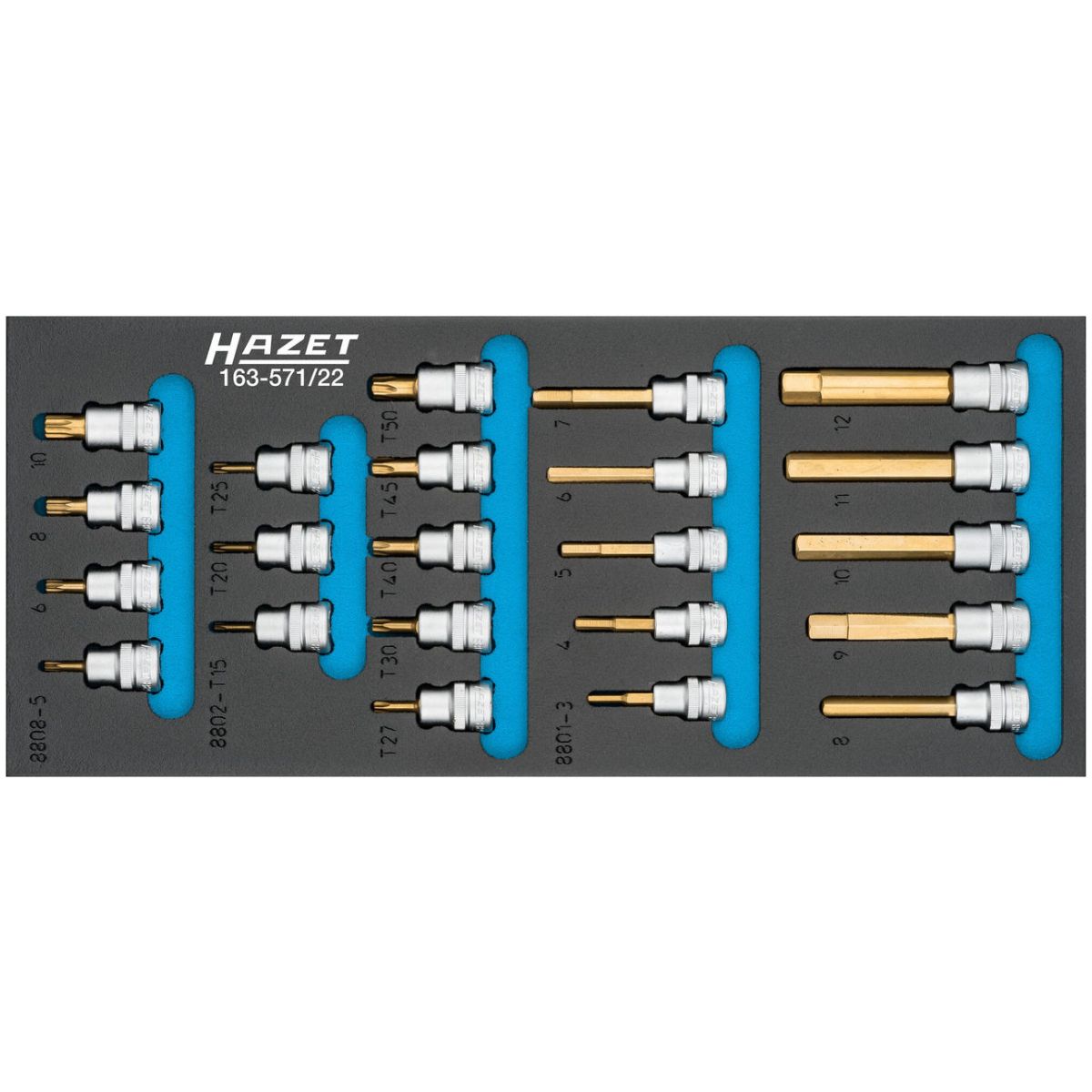 Schraubendreher-Steckschlüsseleinsatz Satz ∙ 3/8 Zoll (10 mm) Vierkant hohl ∙ Innen TORX® Profil, Innen Vielzahn Profil XZN, Innen Sechskant Profil ∙ 22-teilig ∙ 19 – 36