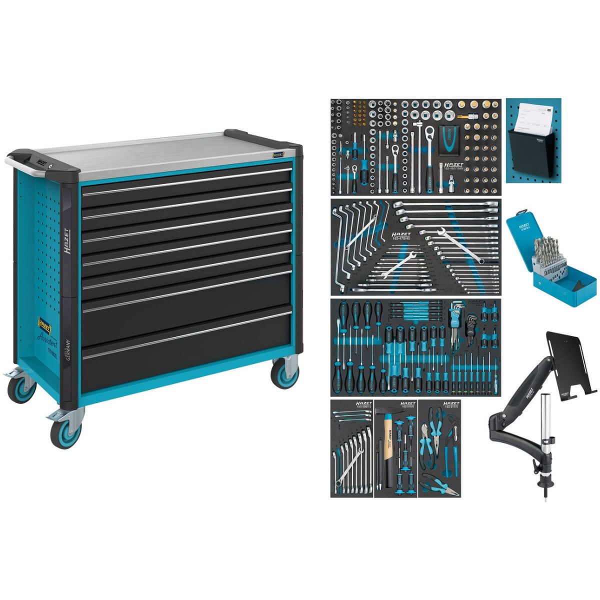 Werkstattwagen ∙ Assistent 179NXXL ∙ Sortiment ∙ 342-teilig ∙ Schubladen, flach: 5× 81 x 870 x 398 mm ∙ Schubladen, hoch: 2× 166 x 870 x 398 mm