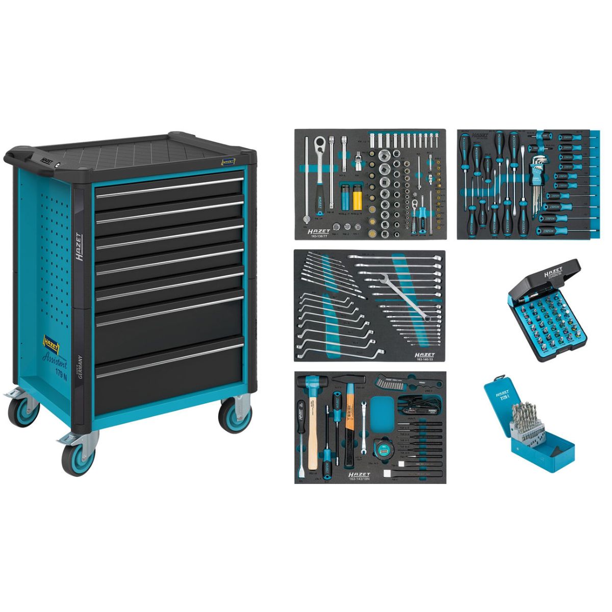 Werkstattwagen ∙ Assistent 179N ∙ Sortiment ∙ 220-teilig ∙ Schubladen, flach: 5× 81 x 522 x 398 mm ∙ Schubladen, hoch: 2× 166 x 522 x 398 mm