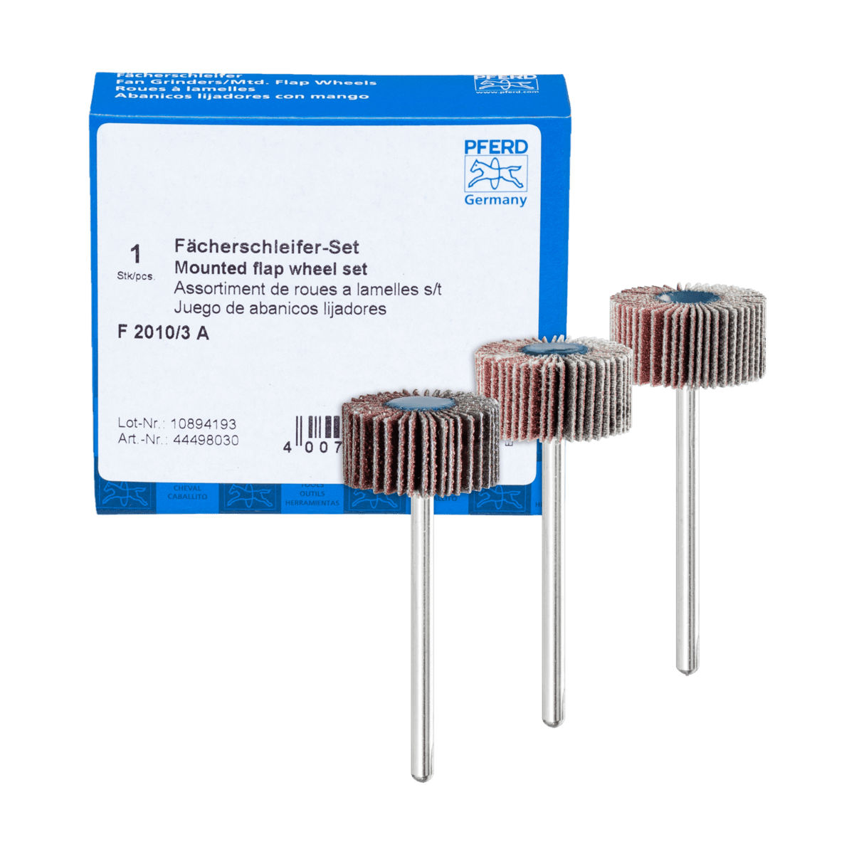PFERD TOOLS Fächerschleifer-Set Korund Ø20x10mm Schaft-Ø3mm A 80,120 und 180 für Feinschliff & Finish