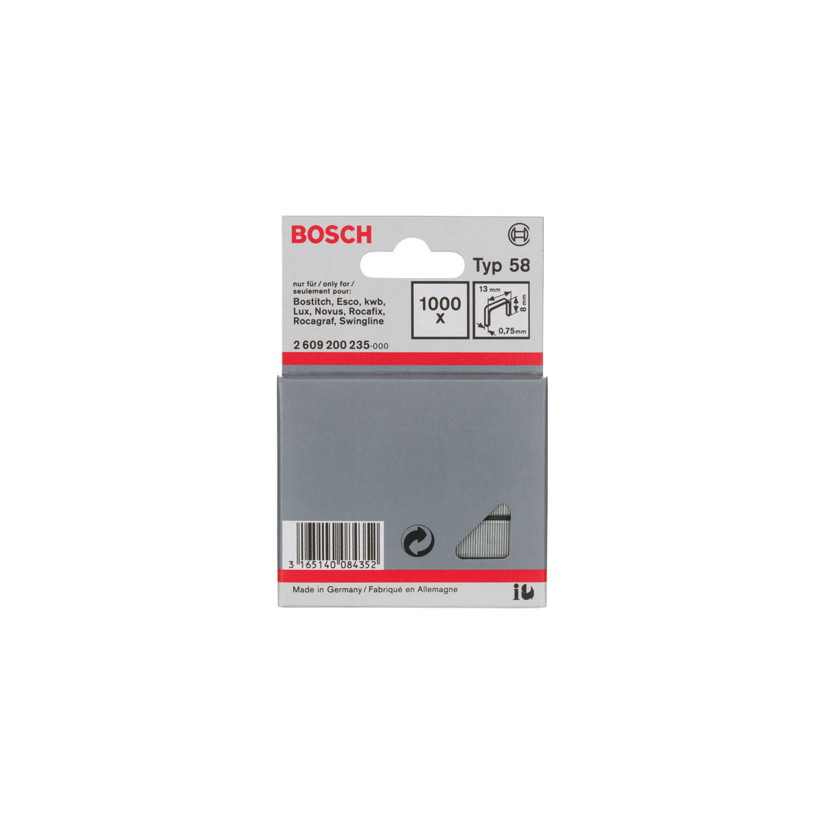 Feindrahtklammer Typ 58, 13 x 0,75 x 8 mm, 1000er-Pack