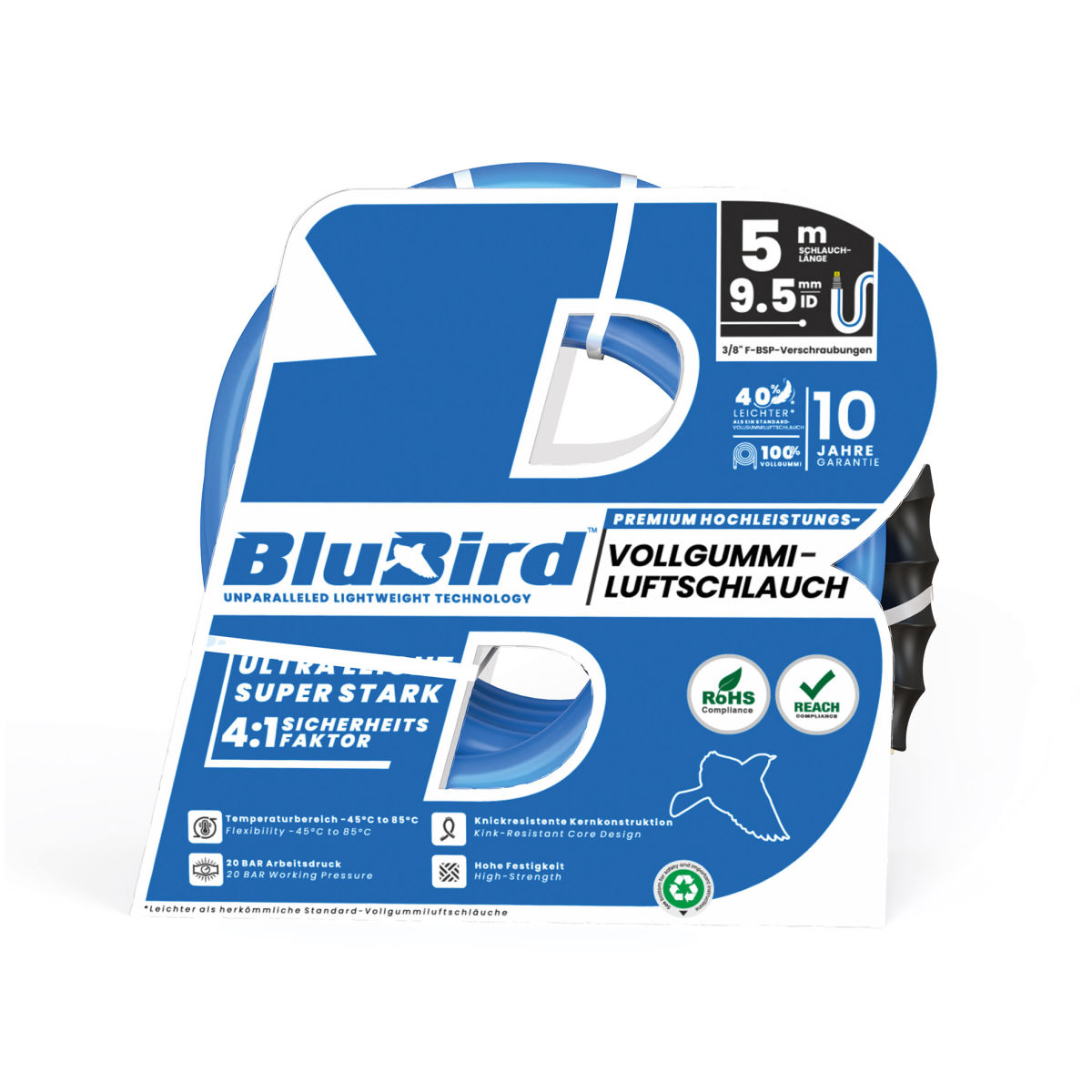 Vollgummi-Werkstattschlauch »BluBird«, Ø15,5x9,5, 20 bar, Set 5 m