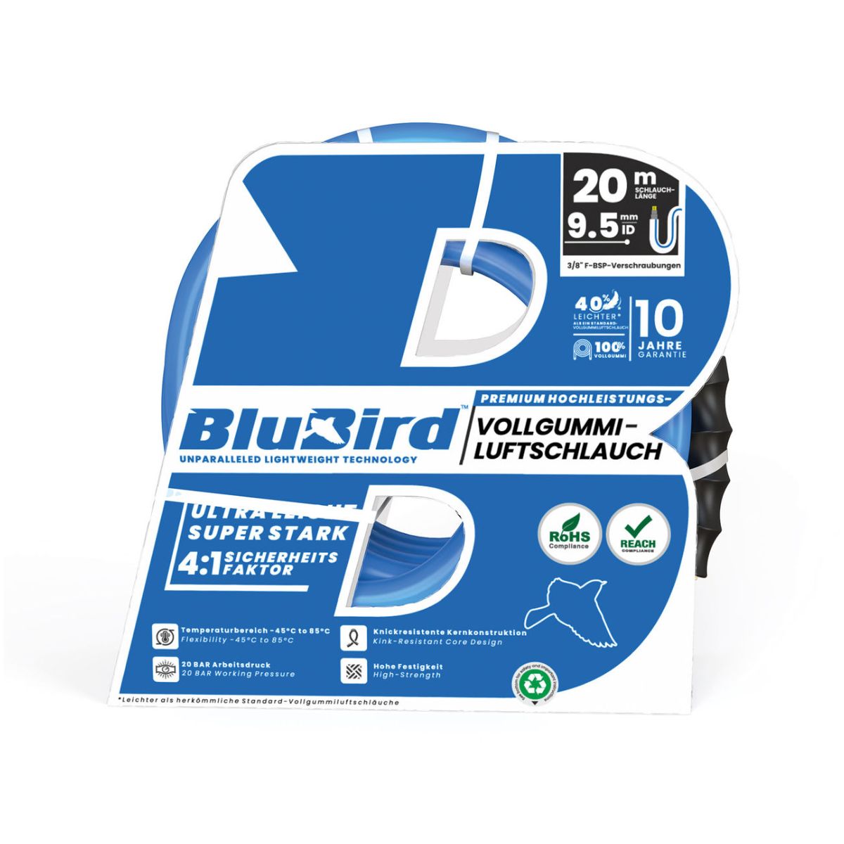 Vollgummi-Werkstattschlauch »BluBird«, Ø15,5x9,5, 20 bar, Set 20 m