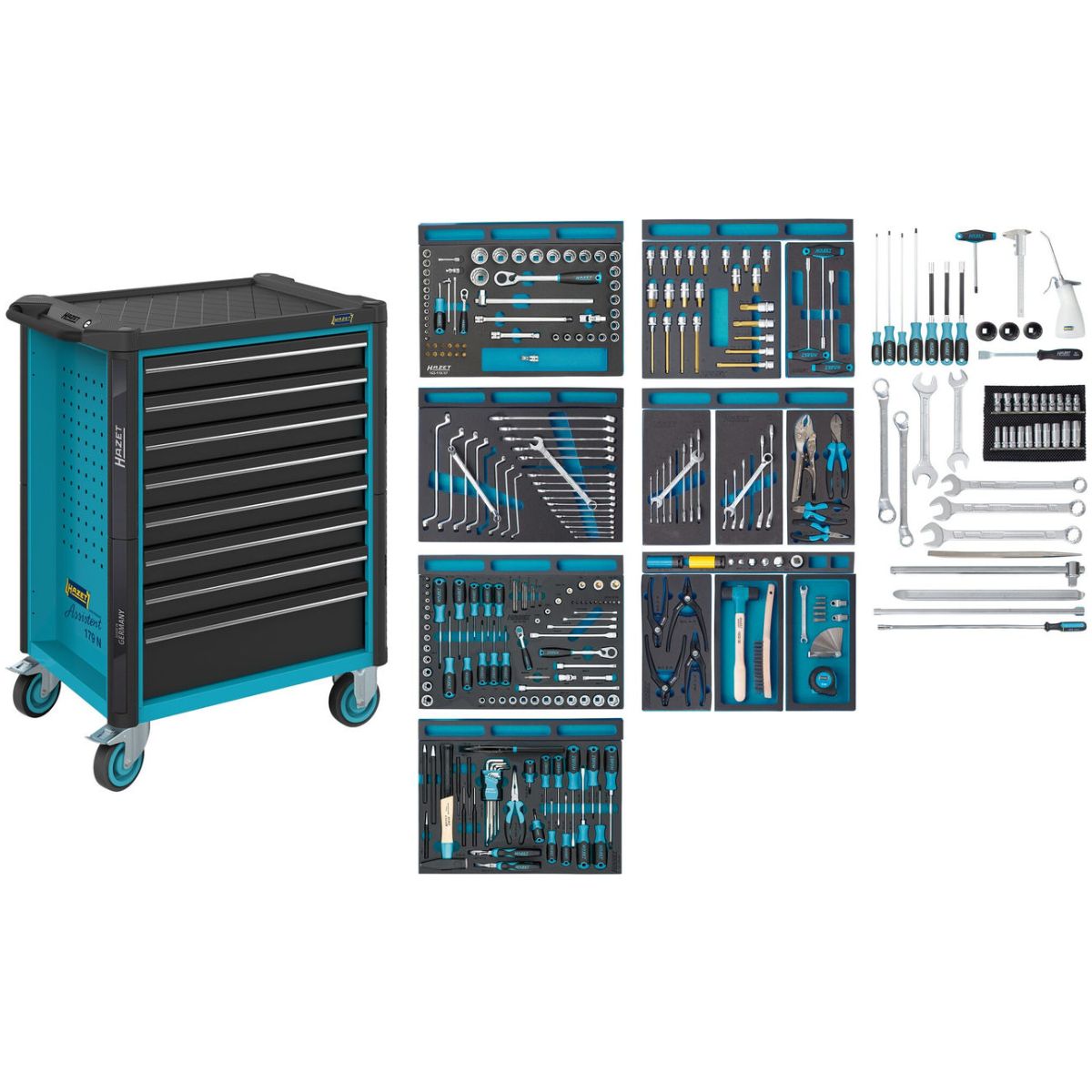 Werkstattwagen ∙ Assistent 179N ∙ Sortiment ∙ 296-teilig ∙ Schubladen, flach: 7× 81 x 522 x 398 mm ∙ Schubladen, hoch: 1× 166 x 522 x 398 mm