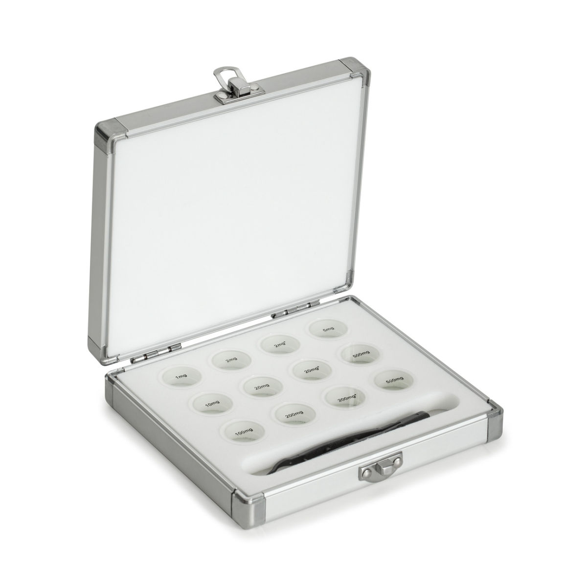 Aluminium-Gewichtsetui 313-010-600, für Nennwerte 1 mg - 500 mg (Satz), für Klassen E1 - M2, für Bauform Bruchgramm