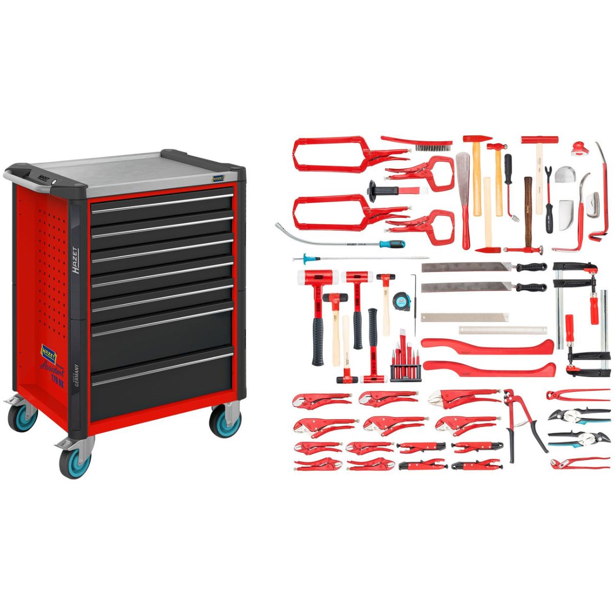 Werkstattwagen ∙ Assistent 179NX ∙ Sortiment ∙ 65-teilig ∙ Schubladen, flach: 5× 81 x 522 x 398 mm ∙ Schubladen, hoch: 2× 166 x 522 x 398 mm