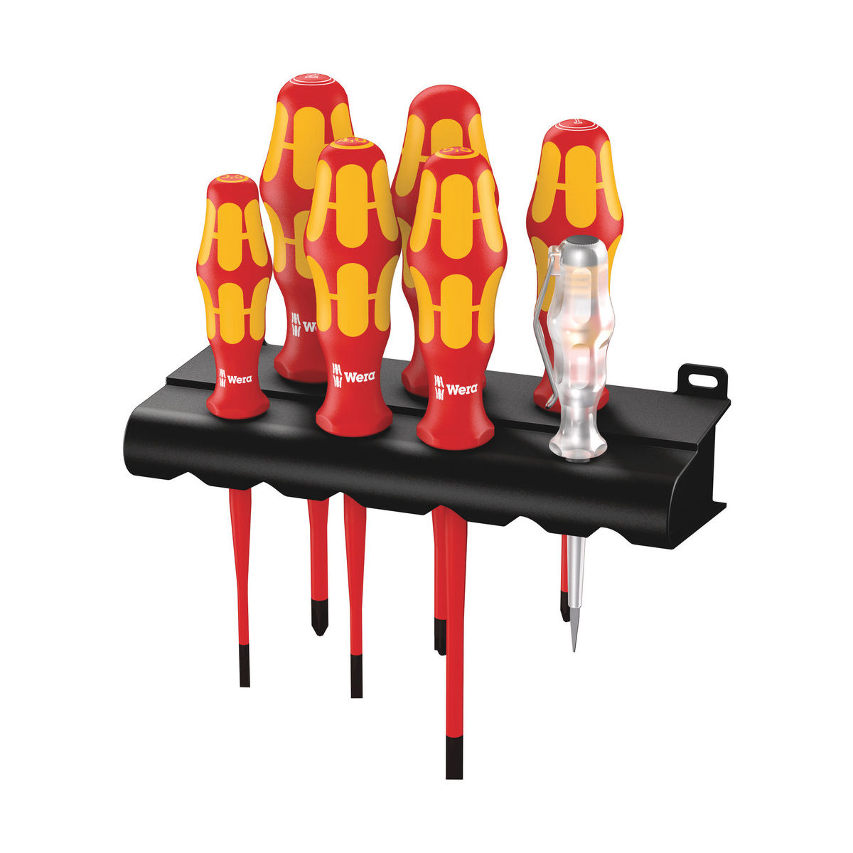 160 iS/7 Rack Schraubendrehersatz Kraftform Plus Serie 100 + einpoliger Phasentester + Rack. Mit reduziertem Klingendurchmesser, 7-teilig