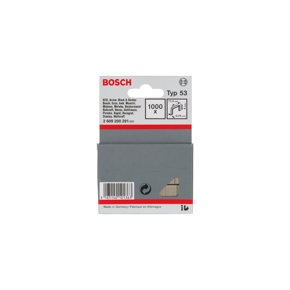 Feindrahtklammer Typ 53, 11,4 x 0,74 x 4 mm, 1000er-Pack