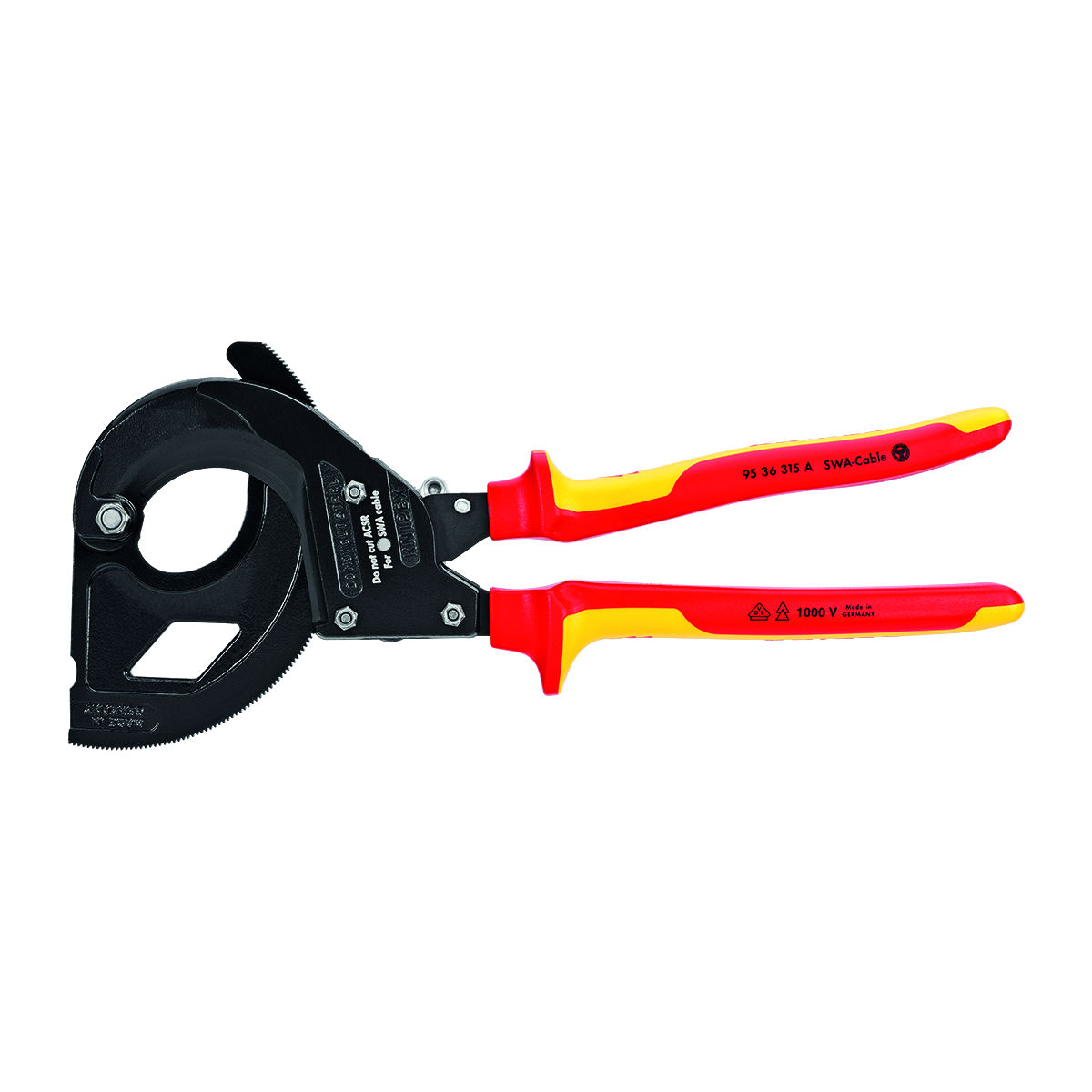 Ratschen-Kabelschere für stahlarmierte Kabel (SWA-Kabel) VDE-isoliert, ganze Länge: 315mm