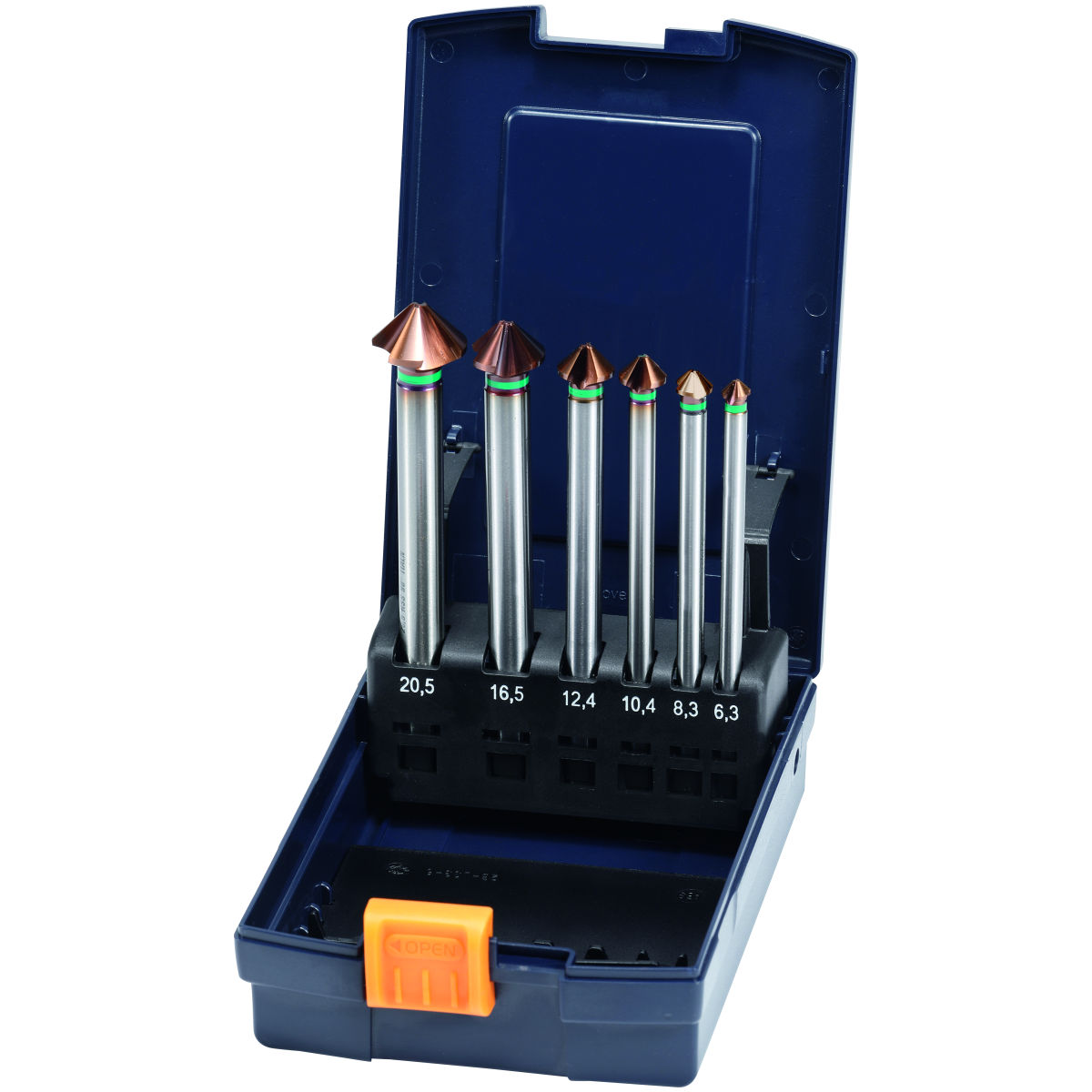 Präzisions-Kegelsenker-Satz mit 3 Spannflächen, lang Nr. 150376 mit Kassette 90°, TiAlN, Anzahl Senker: 6