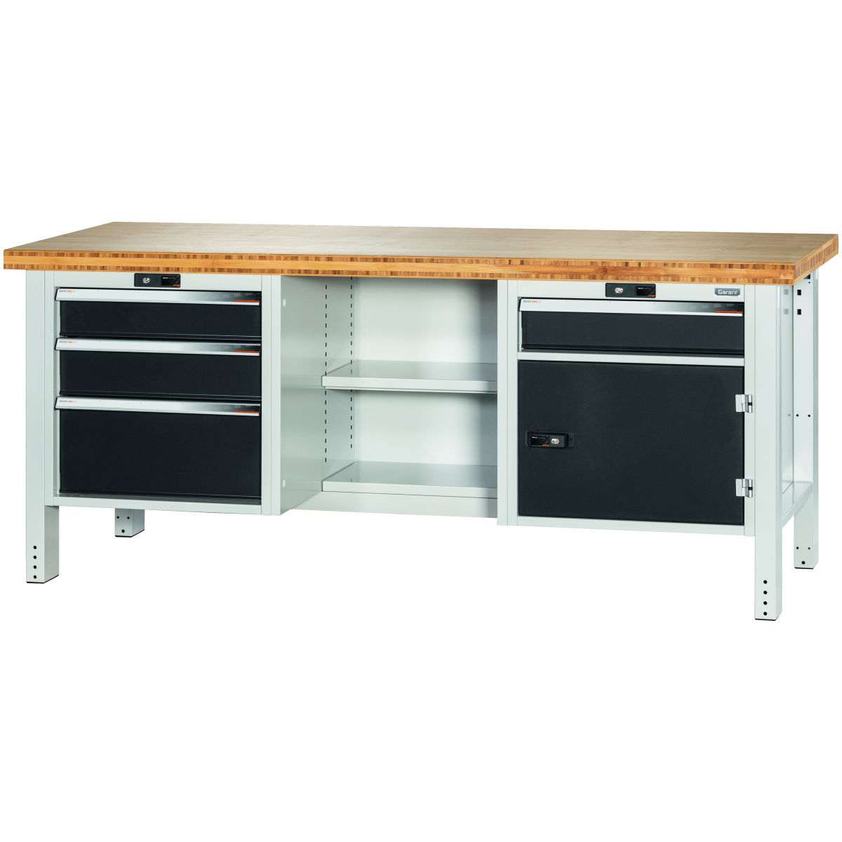 Werkbank, links 3 Schubladen, Mitte offen, rechts Tür und 1 Schublade, Bambus-Platte, 20×20G, Plattenlänge: 2000mm
