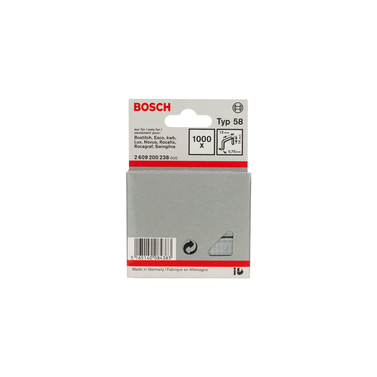 Feindrahtklammer Typ 58, 13 x 0,75 x 14 mm, 1000er-Pack