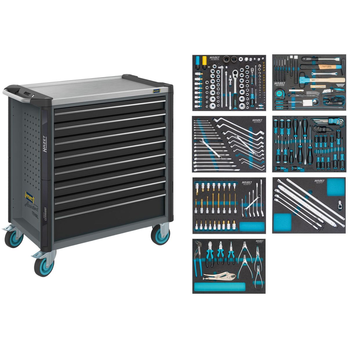 Werkstattwagen ∙ Assistent 179NXL ∙ Sortiment ∙ 243-teilig ∙ Schubladen, flach: 7× 81 x 696 x 398 mm ∙ Schubladen, hoch: 1× 166 x 696 x 398 mm