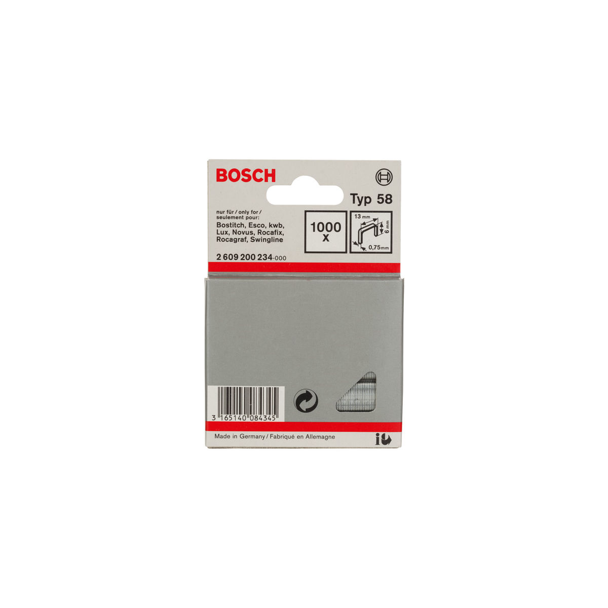 Feindrahtklammer Typ 58, 13 x 0,75 x 6 mm, 1000er-Pack