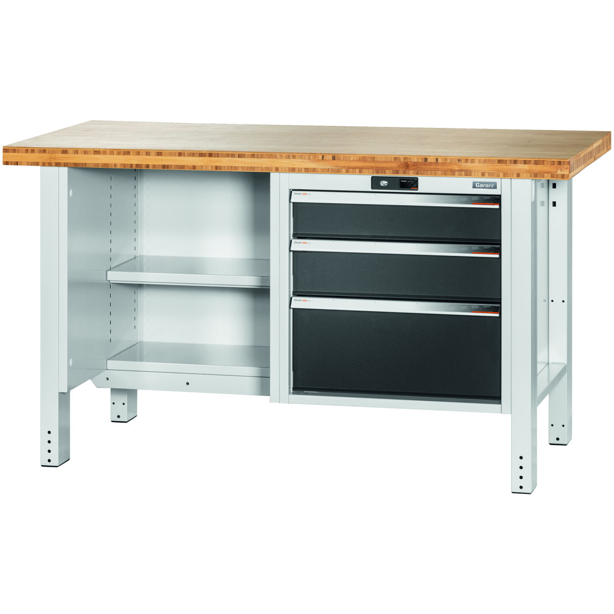 Werkbank, links offen, rechts 3 Schubladen, Bambus-Platte, 20×20G, Plattenlänge: 1500mm